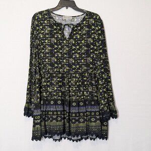 A LA CARTE Navy/Green Loose Fit Long Sleeve Mini Baby Doll Dress; Lace; Size M